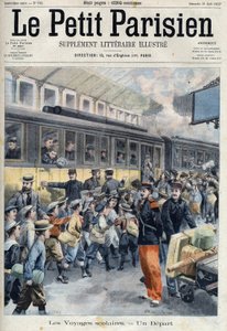 在学校旅行时在车站出发。孩子们上了火车，在 "小巴黎"。 作者 法语学校