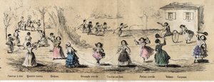 儿童爱好和游戏的描述：女孩游戏、四角游戏、跳绳、奔向目标、吊环和方向盘。儒勒-德尔布拉克（Jules DELBRUCK）创作的 "儿童游戏 "图版，雕刻自《儿童娱乐指南》。 作者 法语学校
