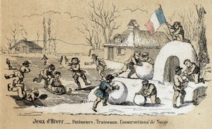 描述儿童的休闲和游戏：冬季游戏、滑冰、雪橇和造雪。Jules DELBRUCK的 "les Recreations instructives "中的 "les jeux de l