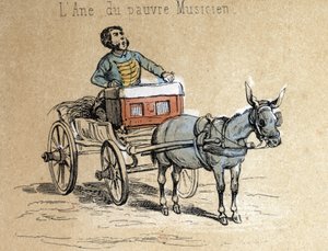 驴子的不同产品和用途的描述：驴子陪伴着旅行的音乐家。"指导性娱乐 "中的 "驴子及其产品 "板块的细节，由Jules DELBRUCK绘制，1860年的雕刻。私人 作者 法语学校