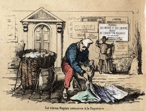 描述纸张的不同产品和用途：旧纸被捡起来重新成为抹布。Jules Delbruck创作的 "les Recreations instructives "中的 "Le papier et ses produits "板块，1860年的雕刻。私人收藏。 作者 法语学校