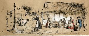 描述奶牛的各种产品和用途：一个村庄的日常生活场景。Jules DELBRUCK的 "les Recreations instructives "中的 "La coache et ses produits "图版，1860年的雕刻。私人收藏。 作者 法语学校