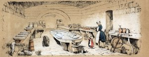 描述奶牛的各种产品和用途：一个制作奶酪的乳品厂的景象。Jules DELBRUCK的 "les Recreations instructives "中的 "La coache et ses produits "图版，1860年的雕刻。私人收藏。 作者 法语学校