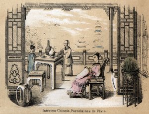 说明粘土的各个制造阶段和用途：中国室内的北京瓷器。Jules DELBRUCK创作的 "Les Recreations instructives "中的图版 "The clay and its products"，1860年的雕刻。私人收藏 作者 法语学校