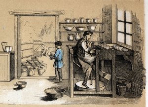 描述粘土的各个制造阶段和用途：一个陶工轮流工作。"Les Recreations instructives "中的板块 "粘土及其产品"，Jules DELBRUCK的概要画，1860年的雕刻。私人收藏。 作者 法语学校