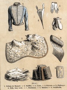 描述了羊的各种用途和产品：皮革加工和羊皮产品的展示、Hussard夹克、风箱、手套、装订和羊皮纸、钱包和配件。"Les Recreations instructives "中的 "Les moutons "板块 作者 法语学校
