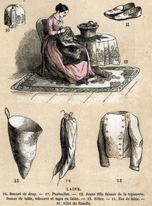 描述羊的各种用途和产品：挂毯和羊毛制品、帽子、拖鞋、羊毛袜、法兰绒背心。Jules DELBRUCK的 "les Recreations instructives "中的 "Les moutons "图版，1860年的雕刻作品。私人物品 作者 法语学校