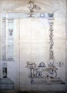 Cheval镜的设计，约1815年（纸上笔墨和水彩）。 作者 法语学校