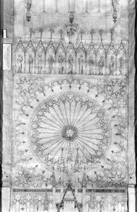 在斯特拉斯堡大教堂的立面上设计玫瑰窗和国王画廊，c.1380（纸和笔墨水和水粉）（详见207685） 作者 法语学校