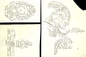 古铜色或金属色家具支架的设计，约1825年（纸上笔墨）。 作者 法语学校