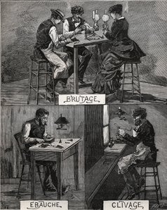 钻石切割，声音，粗糙和裂纹。1885年阿道夫-比塔尔在 "Les arts et metiers illustrstres "中的雕版画。 作者 法语学校