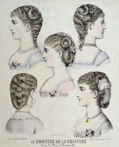不同的发型，来自Le Moniteur de la Coiffure的盘子，1880年 作者 法语学校