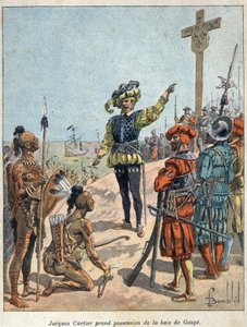 发现加拿大。雅克-卡蒂尔（1491-1557），法国航海家和探险家，在7月24日占据了加斯佩湾，并将十字架抹去。 作者 法语学校