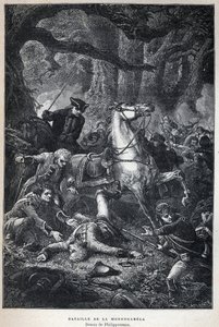 发现加拿大。1755年七年战争期间的莫农加希拉之战。菲利波托的绘图。19世纪末的雕刻，载于尤金-盖宁的《新法国》。 作者 法语学校