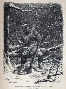 发现加拿大。加拿大军队志愿者的雪鞋。杜普伊的绘图。19世纪末的雕版画，载于尤金-盖宁的《新法国》。 作者 法语学校