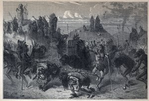 发现的加拿大：蒙丹斯的野牛之舞。19世纪末的雕版画，载于尤金-盖宁的《新法国》。 作者 法语学校