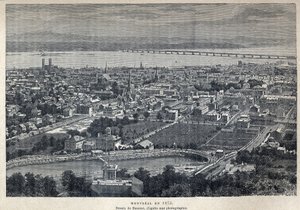 发现加拿大：1875年蒙特利尔市的景色。Benoist根据照片绘制的图画。19世纪末的雕版画，载于尤金-盖宁的《新法国》。 作者 法语学校