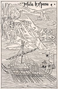 克里斯托弗-哥伦布（Christopher Columbus）发现圣多明各（Insula Hyspana），《克里斯托弗-哥伦布书信集》（Epistola Christoferi Colom）木刻的传真件，摘自保罗-拉克鲁瓦（Paul Lacroix）出版的《中世纪的科学与文学》（Science and Literature in The Middle Ages）。伦敦，1878 年 作者 法语学校
