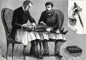 医生检查儿童的眼睛并注射眼药水（雕刻） 1888年 作者 法语学校