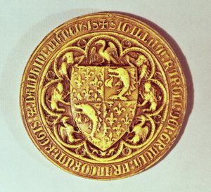 海豚海豹，法国的盾牌，海豚和鸢尾花，1376年 作者 法语学校