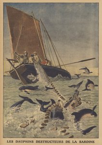 海豚扰乱了沙丁鱼的捕获（彩色石版画） 作者 法语学校