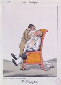 不要动！"，一个看牙医的人的漫画（彩色平版印刷）。 作者 法语学校