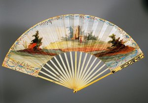 画有田园风光的双叶手扇，象牙和银棱，约1760年，背面，法国 作者 法语学校