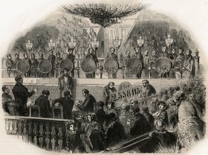 19世纪中叶在香榭丽舍大街（Champs Elysees）马戏团大厅举行的金锭抽奖活动--Edmond Texier 1852年在 "Tableau-de-Paris "的版画。 作者 法语学校