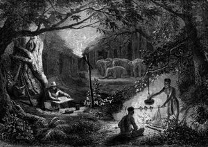 图画：一个旅行者在火把的照耀下绘制道德场景。刊登在 "青年杂志 "上的版画 作者 法语学校