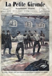 德雷福斯事件：乔治-皮夸特中校（1854-1914）和休伯特-亨利（1846-1898）在巴黎军事学校的决斗。1898年3月《小吉伦特》的封面（雕刻）。 作者 法语学校