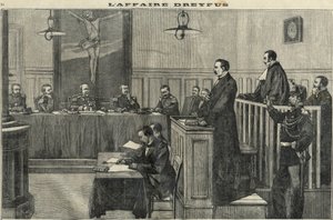 1898年的德雷福斯案：战争委员会的听证会：对指挥官埃斯特哈兹的审判。1898年 "小巴黎 "上的版画。 作者 法语学校