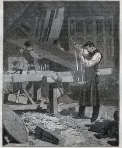 Ebenisterie：Ebenist工人在既定的位置分割一块木板。1885年阿道夫-比塔尔在 "艺术与测量图解 "中的版画。 作者 法语学校