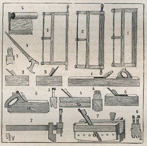 Ebenisterie: usual tools, saws and planing. Engraving from 1885 in “” Les arts et metiers illustres”” by Adolphe BITARD. 作者 法语学校