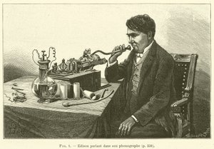 Edison parlant dans son phonographe (engraving) 作者 法语学校