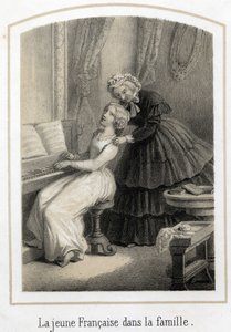 Education for young girls of good families: a young French woman sitting on the piano is taken over by her housekeeper. Anonymous engraving of the 19th century 作者 法语学校