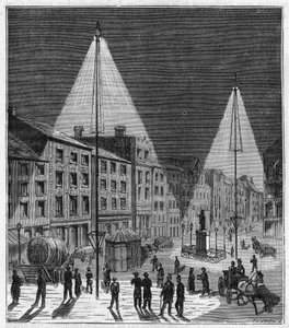 19世纪英国诺里奇市的电力照明 - 19世纪英国诺里奇市的电力照明 - Alexis Clerc的 "全民科学--普及物理学和化学 "中的版画 - 19世纪末 作者 法语学校