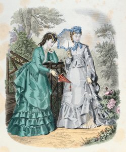 优雅的女性在花园里，来自LaModeIllustrée，1871年 作者 法语学校