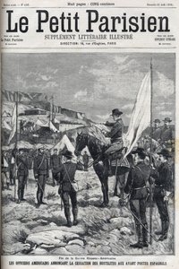1898年美西战争（American Hispano）的结束。美国军官宣布停止在西班牙前哨的敌对行动。1898年 "小巴黎 "上的版画。 作者 法语学校