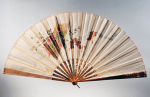 描绘小天使手持玫瑰花篮的订婚手扇，钢化彩绘风琴。 作者 法语学校