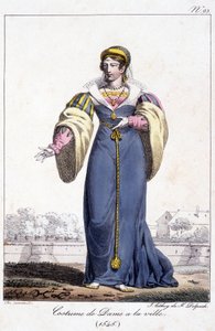 雕刻，1545年左右镇上的女士服装。 作者 法语学校