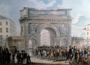 1814年3月31日，圣马丁门前的盟军进入巴黎，国王路易十八（1755-1824）阅兵。1814年的印刷品。巴黎，卡纳瓦莱博物馆 作者 法语学校