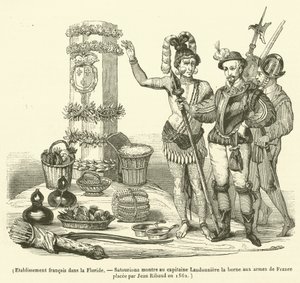 Etablissement francais dans la Floride, Satouriona montre au capitaine Laudonniere la borne aux armes de France placee par Jean Ribaud en 1562 (engraving) 作者 法语学校