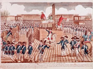 处决法国王后玛丽-安托瓦内特，巴黎革命广场，1793年10月16日（雕刻）。 作者 法语学校