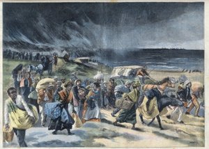 马提尼克岛蒙塔涅-佩莱火山爆发后法兰西堡（Fort-de-France）居民的出逃。刊登在 "巴黎人报 "上的版画 作者 法语学校
