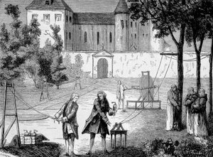Lemonnier于1746年在Chartreux修道院进行的实验，以了解电的速度--载于《科学专辑；杰出的科学家；伟大的发现》1896。 作者 法语学校