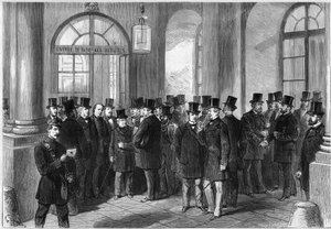 延长马克-马洪（Mac Mahon）马雷切尔的总统任期，在法国建立七人制，1873年11月：凡尔赛议会的入口处，讨论休会的那天的景象。从左至右 作者 法语学校