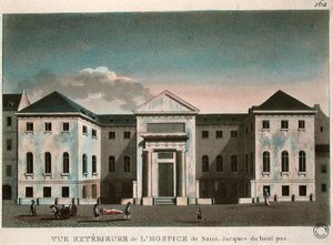 圣雅克安养院的外景，约1800年（彩色雕刻）。 作者 法语学校