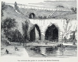Buttes Chaumont 小瀑布和洞穴的外观，雕刻 19 世纪 作者 法语学校