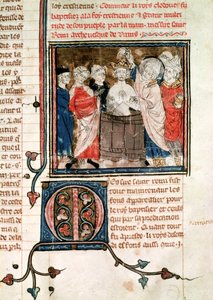 F.11r St. Remigius（c.438-533）Rheims的主教，洗礼并取消克洛维斯一世（465-511）弗兰克斯之王，来自Grandes Chroniques de France，1375-79 作者 法语学校