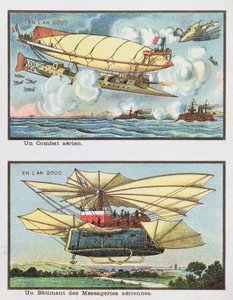 幻想描绘了空战和2000年运输货物的飞机，c.1910 作者 法语学校